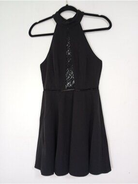 Lulus Black Halter Mini Dress With Lace Accent - Size Medium